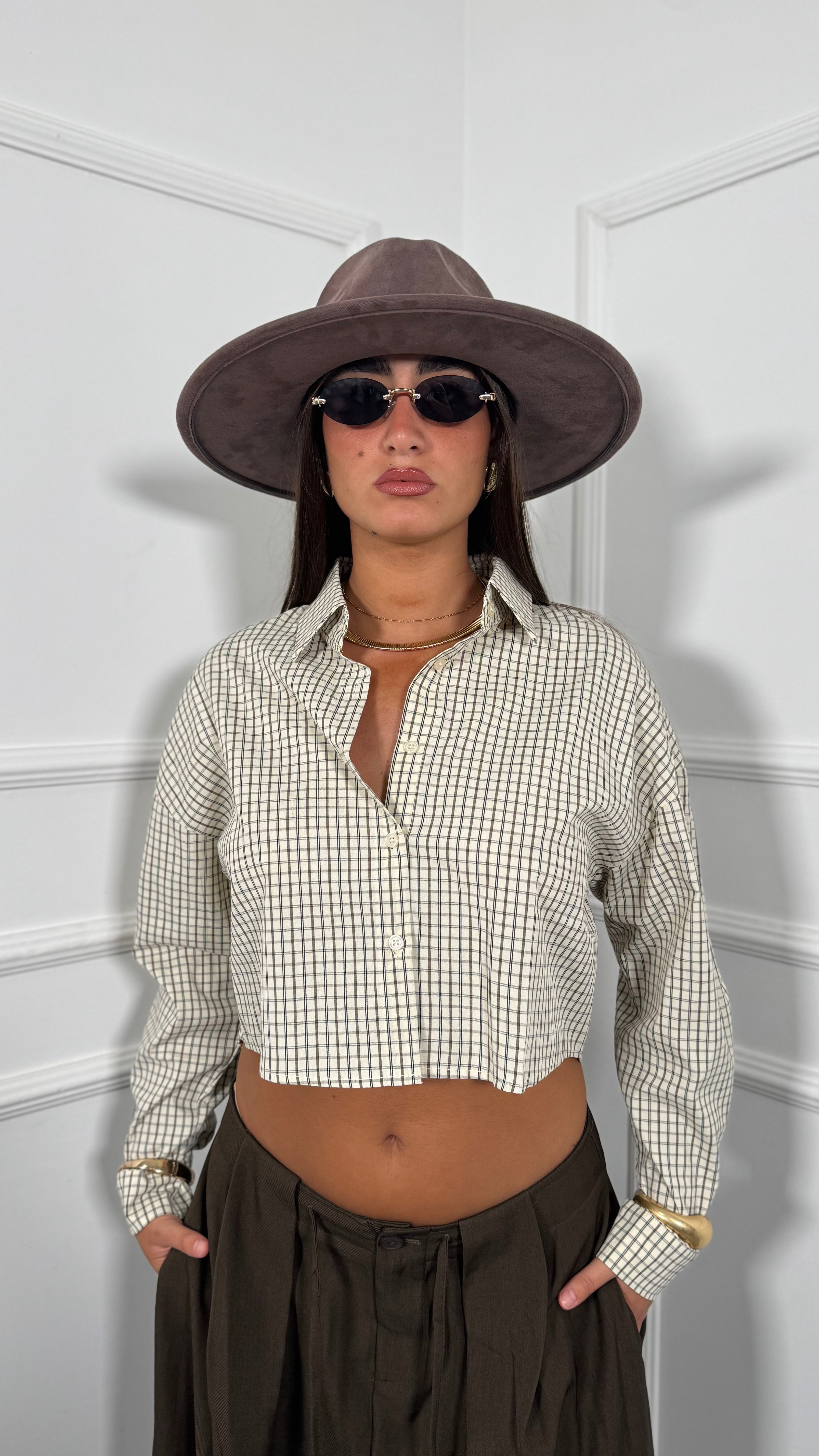 Camicia crop a quadretti British panna dk58065
