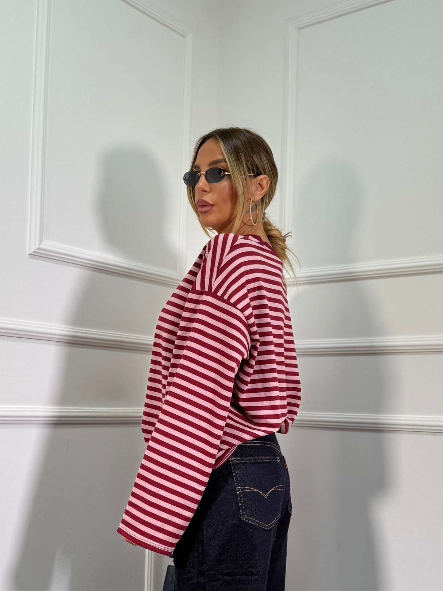 Shirt in cotone garzato manica campana Cindy rosa/bordeaux f1109