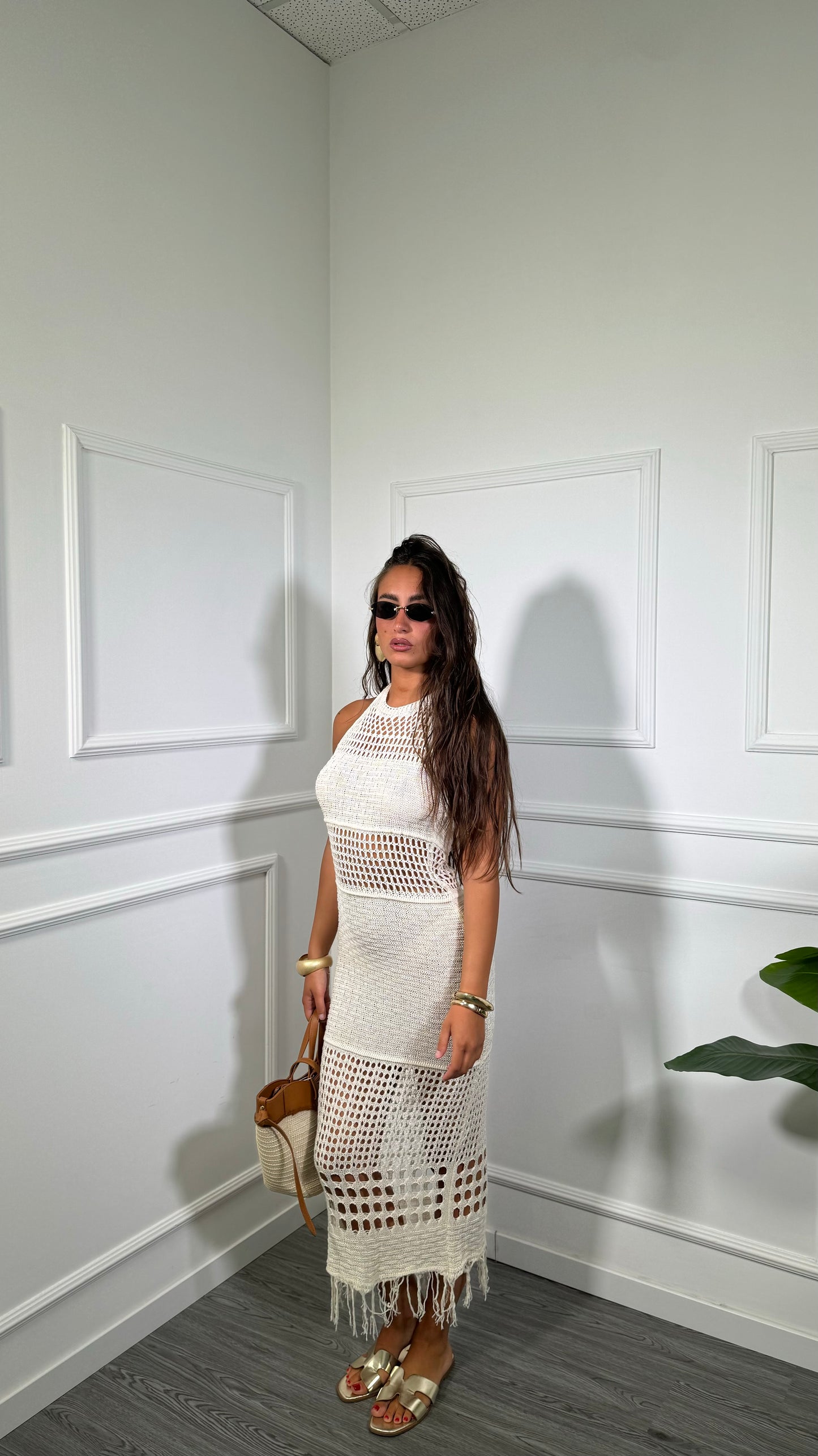 Abito midi in macramè con frange Kyra canapa 4352