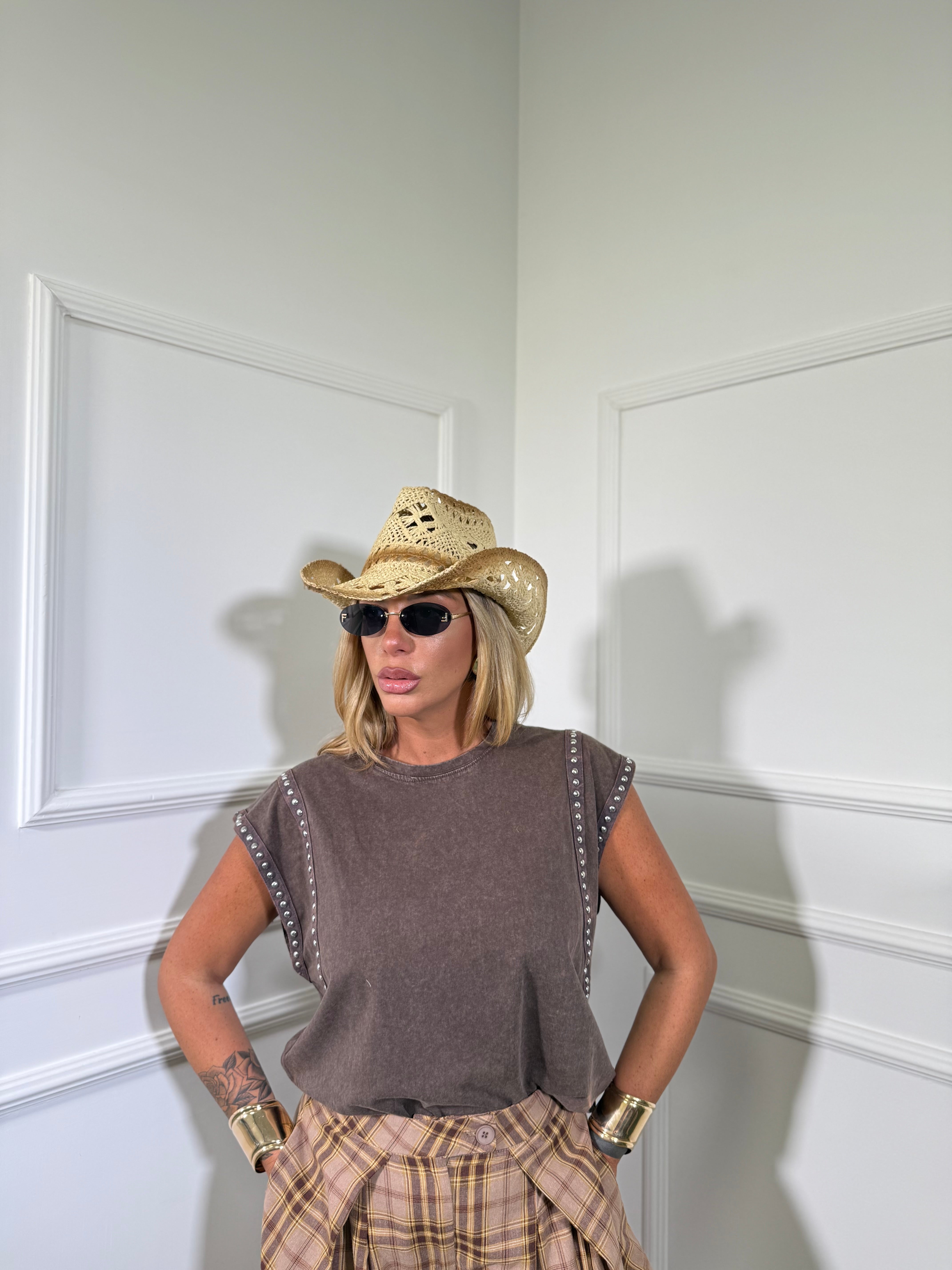 T-shirt giromanica con borchie Coach cacao l2602