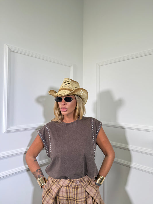 T-shirt giromanica con borchie Coach cacao l2602