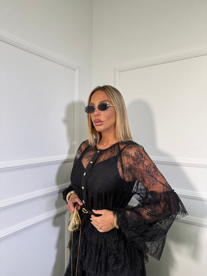 Abito in pizzo con cintura Shirley nero a68763