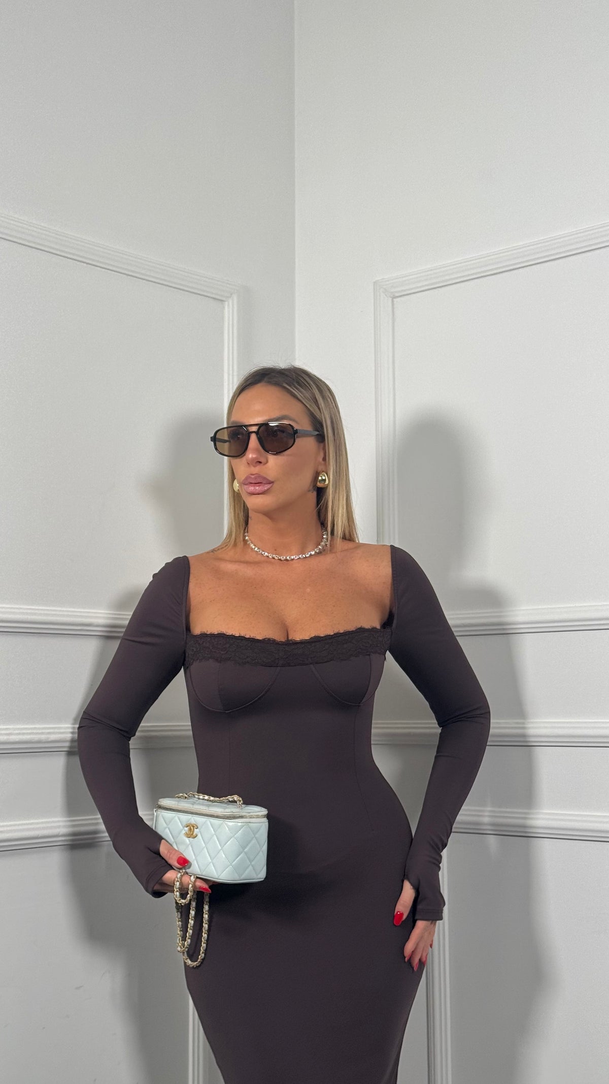 Abito lungo in lycra dettaglio in pizzo Female cioccolato 6148
