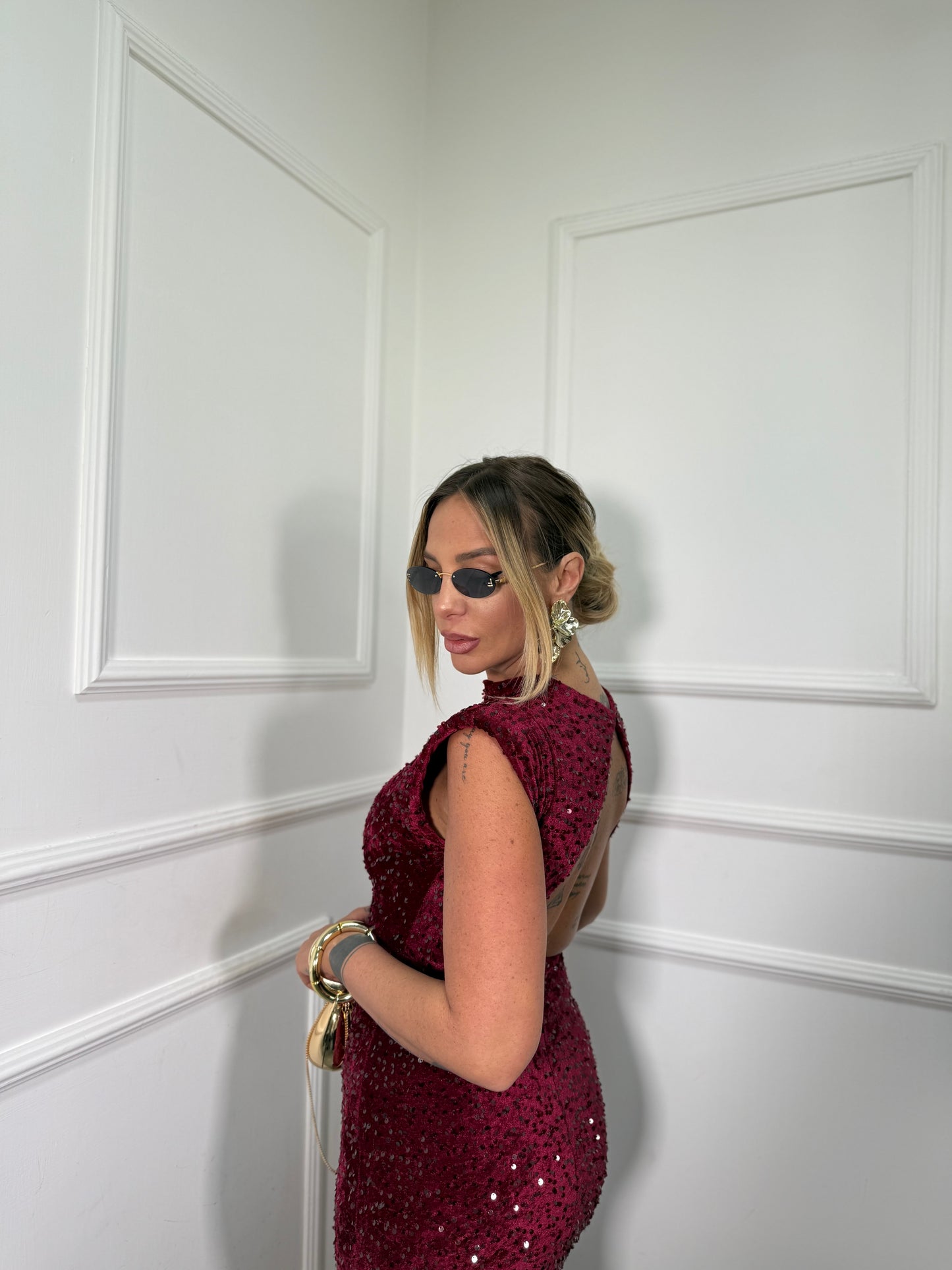 Abito midi in velluto e paillettes Party bordeaux 26295