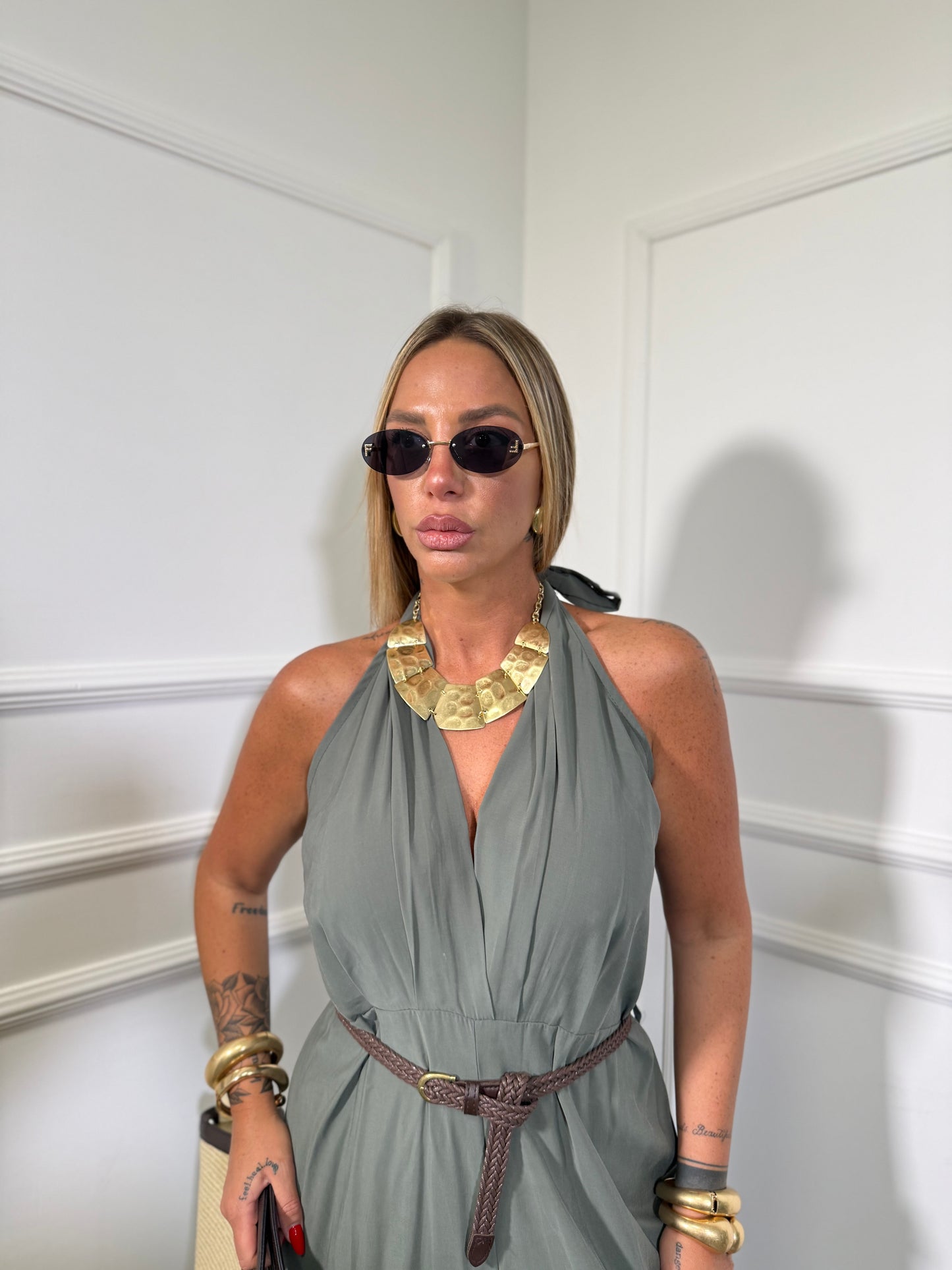 Jumpsuit palazzo 7/8 in viscosa con cintura (CURVY) verde militare in977807