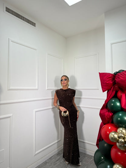 Abito midi in velluto e paillettes Party cacao 26295