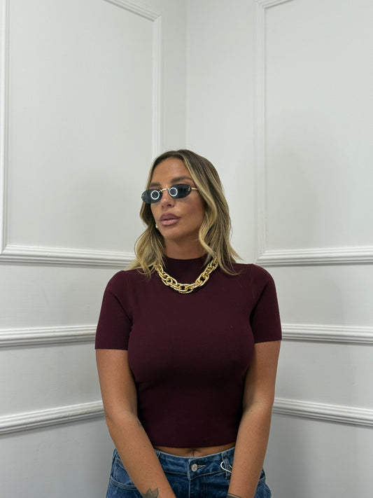 Maglioncino mezza manica in lana pettinata Simple bordeaux em2190