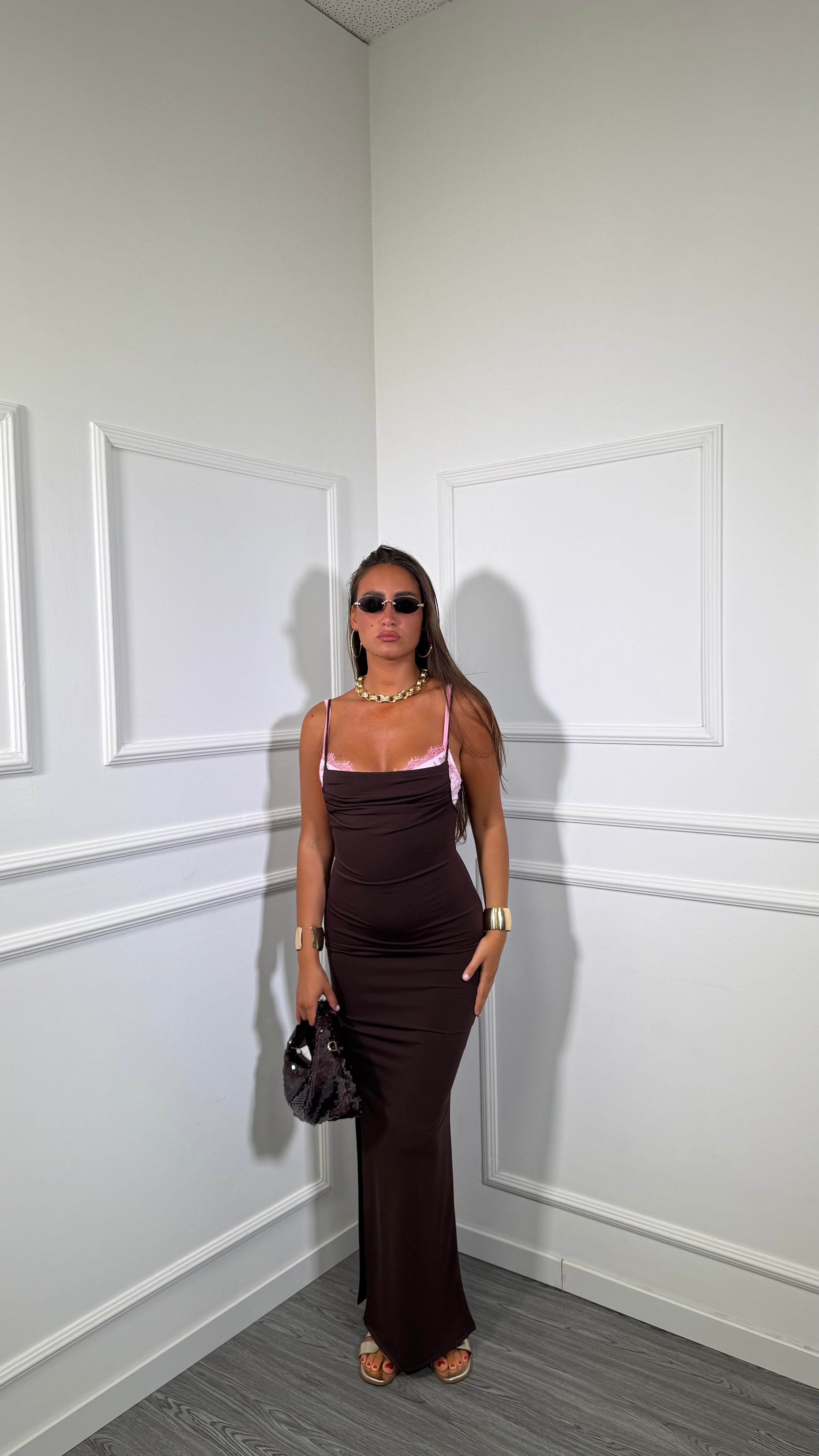 Abito lungo in lycra con bralette in pizzo cioccolato 6073