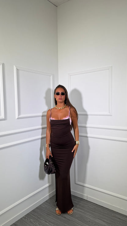 Abito lungo in lycra con bralette in pizzo cioccolato 6073
