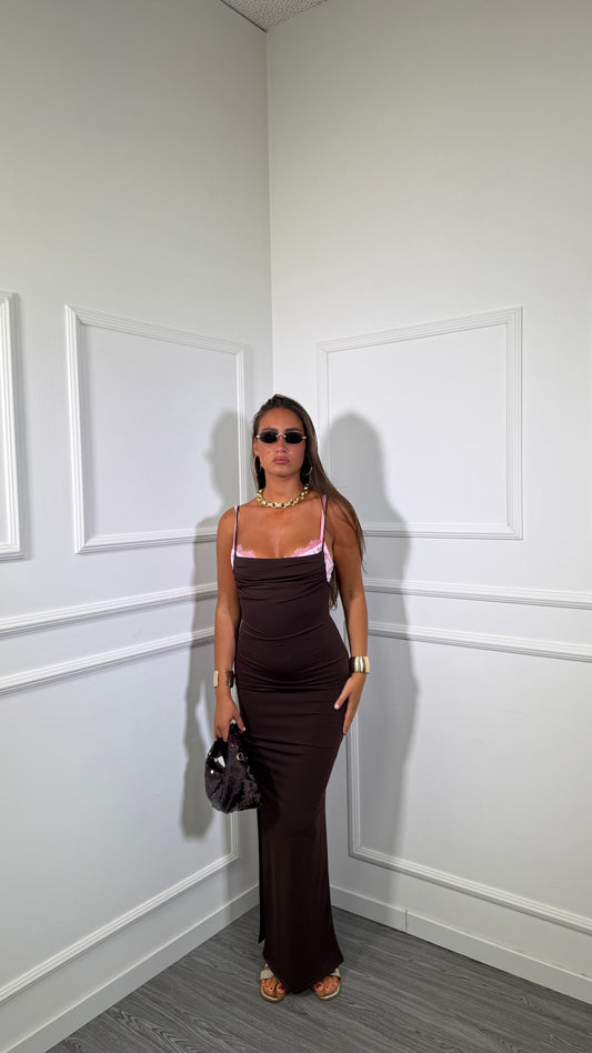 Abito lungo in lycra con bralette in pizzo cioccolato 6073