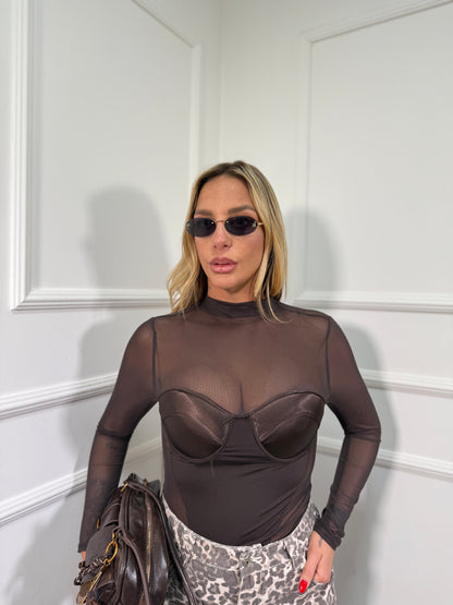 Body scollo a cuore in raso e tulle Yara cioccolato 26171