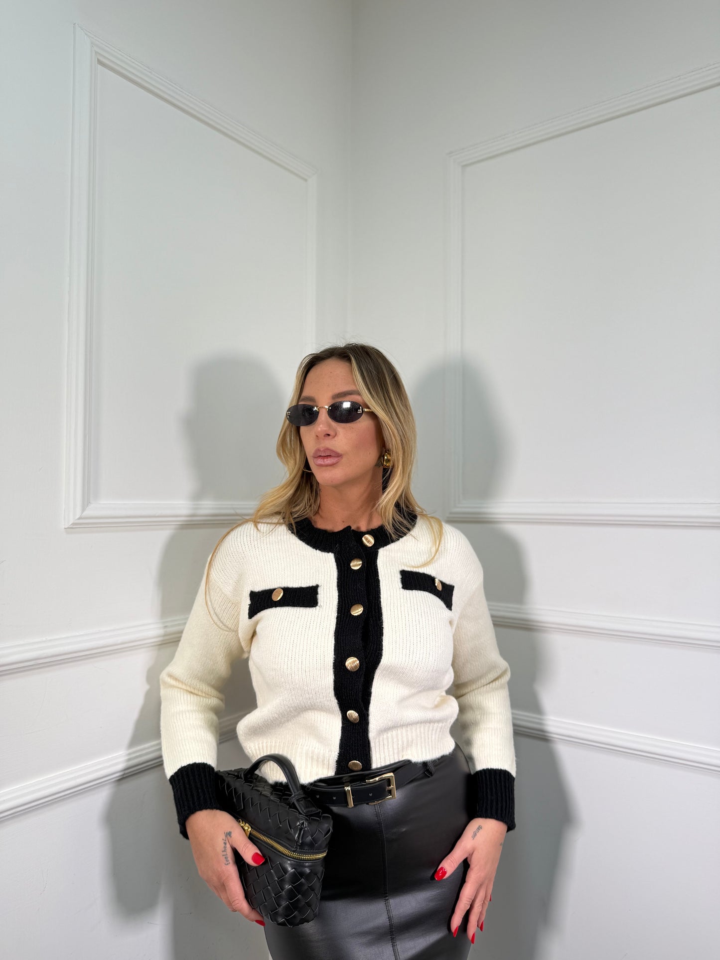 Cardigan lana cotta Sandy bianco/nero