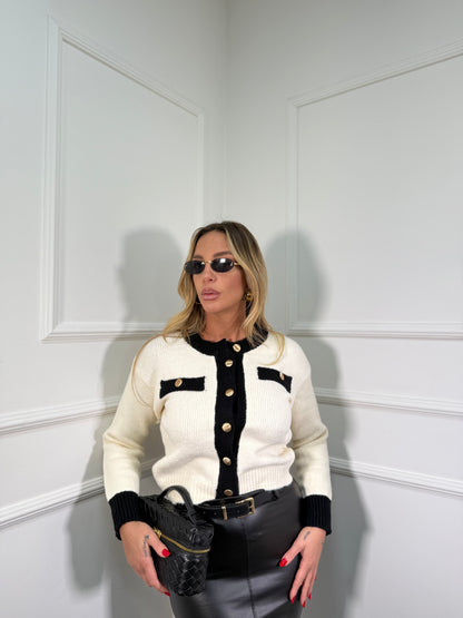 Cardigan lana cotta Sandy bianco/nero