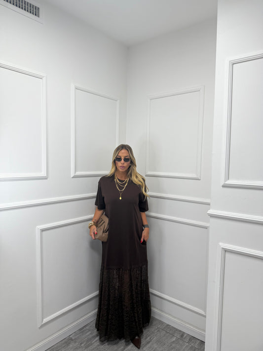 Maxi abito in pizzo Dakota marrone ld3443 by lumina