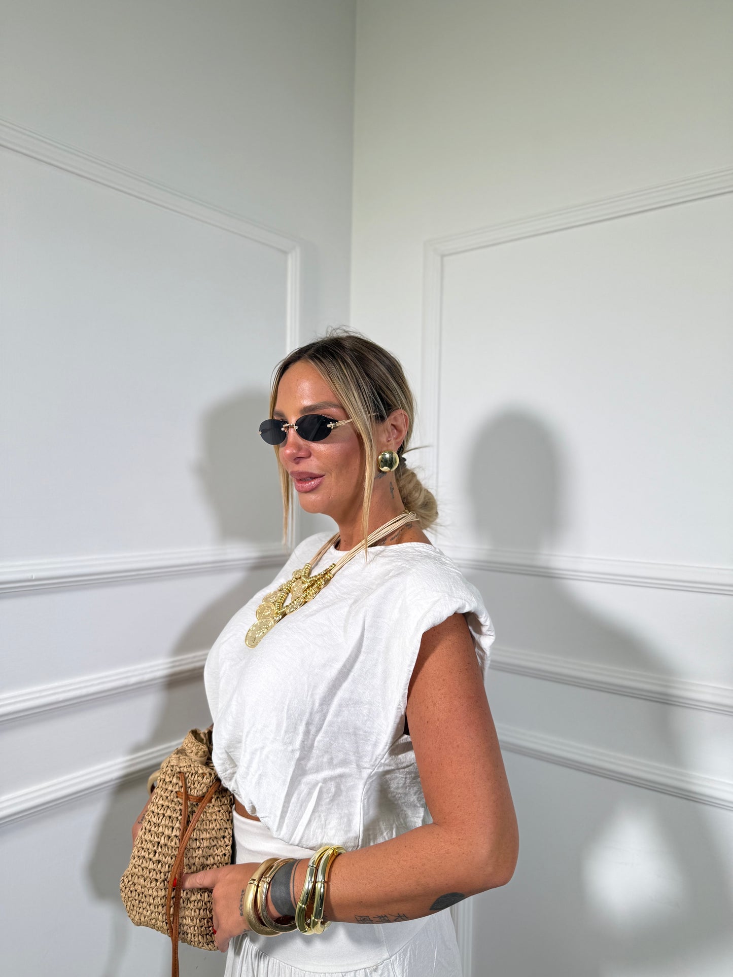 Coordinato misto lino con gonna Havana panna 26152