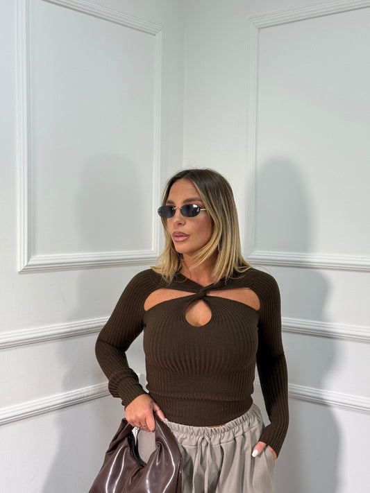 Maglioncino a costine intrecciato cioccolato 8111
