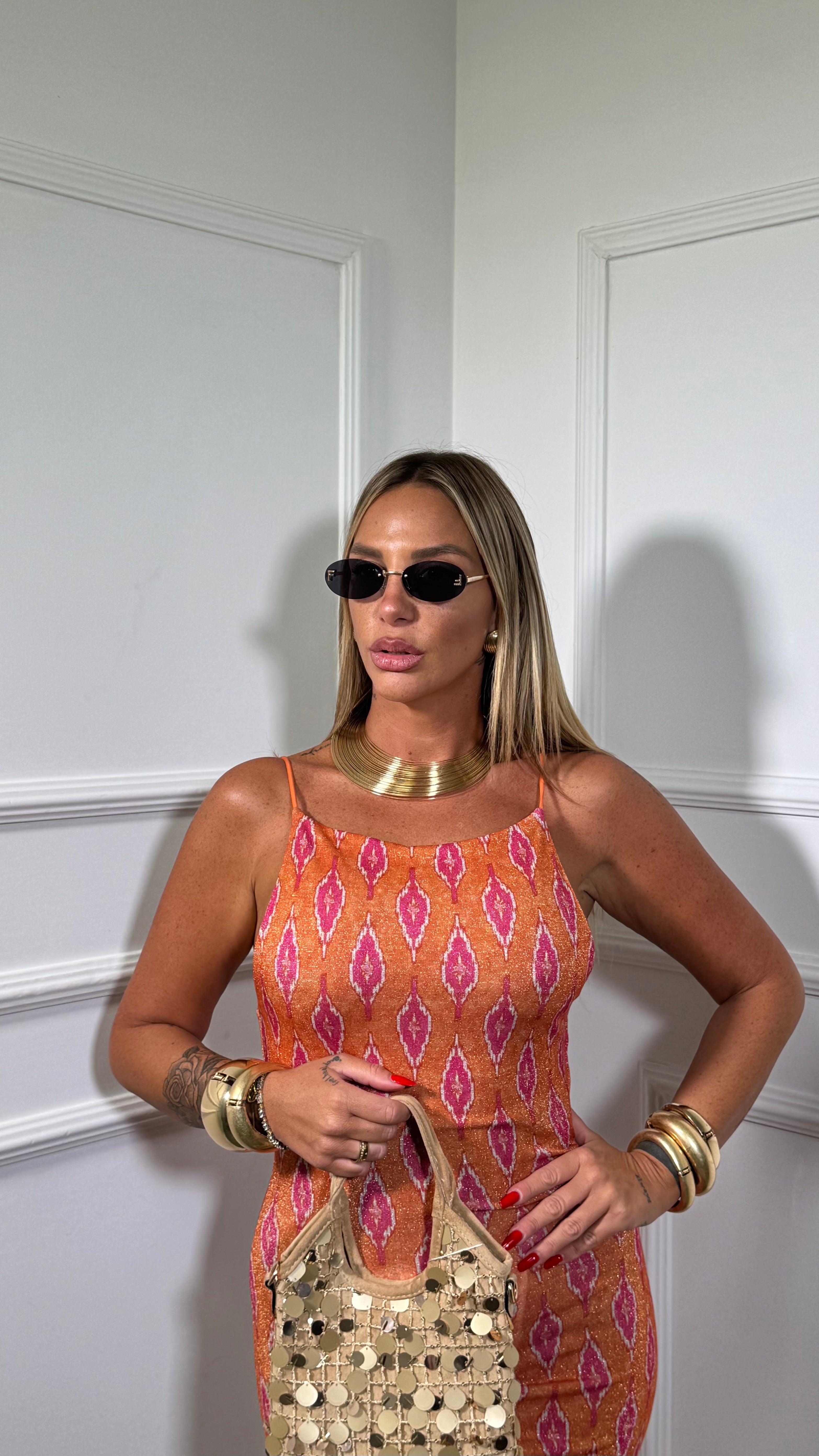 Abito midi in lurex Rombi fondo arancio