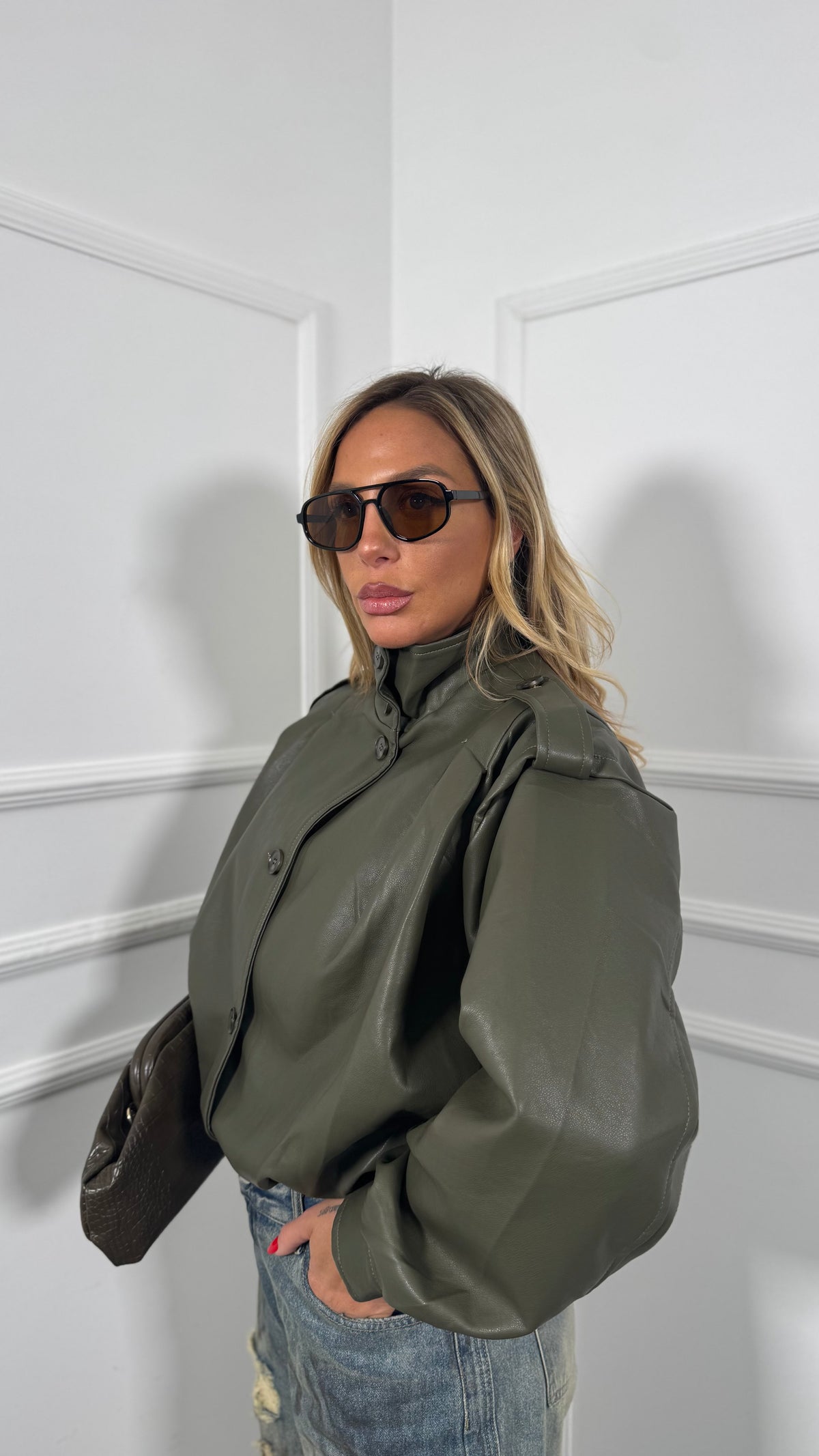 Bomber ecopelle collo alto Eden verde oliva yg26029