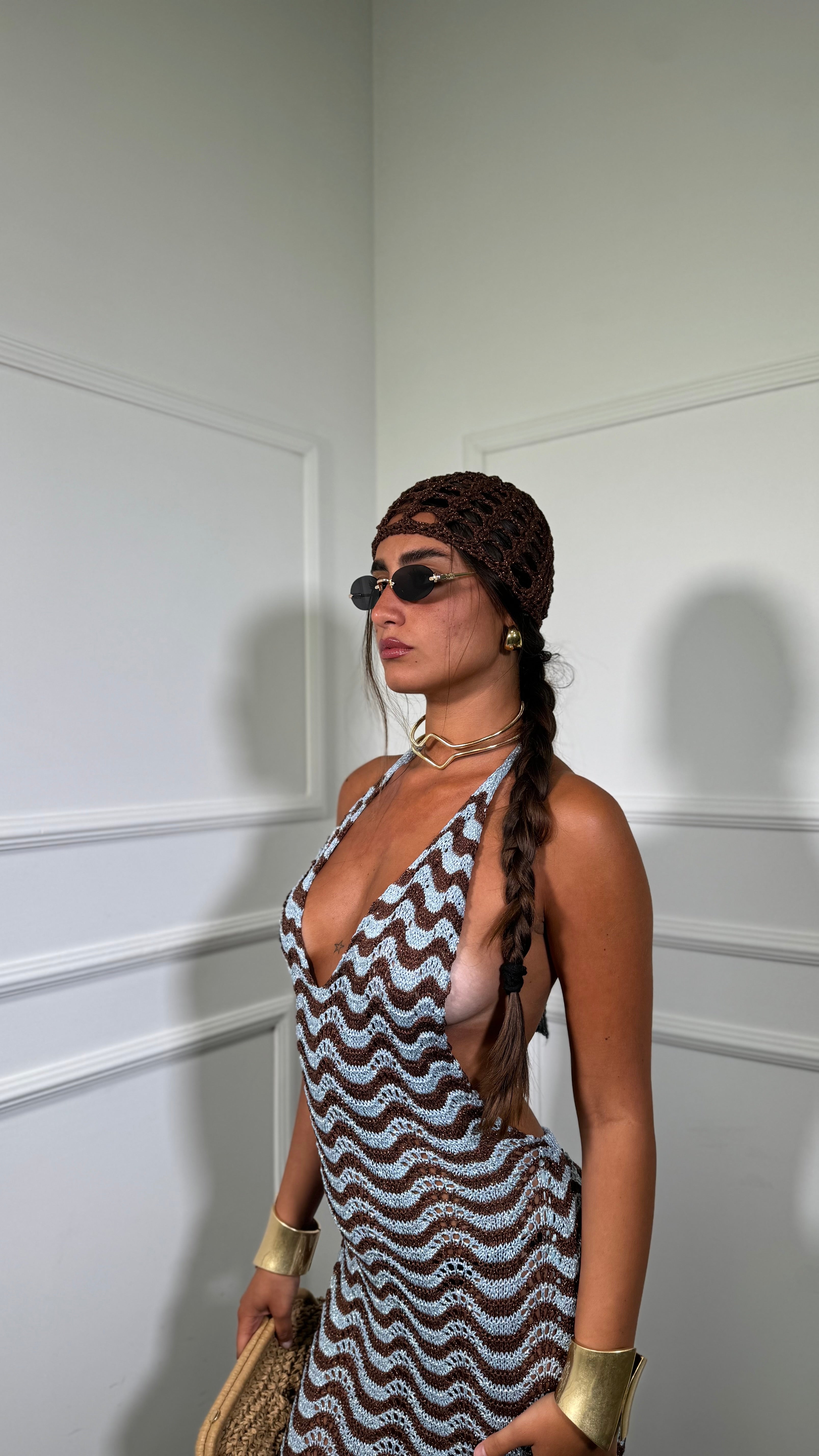 Abito midi in filo lurex zig zag Zama cioccolato/azzurro 3778