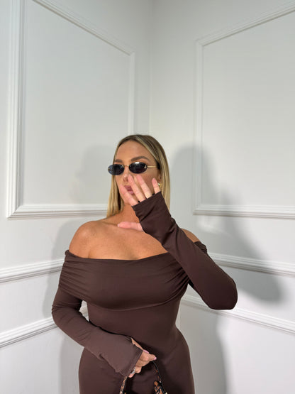 Abito midi in lycra scollo a barca Nilufar cioccolato 13351