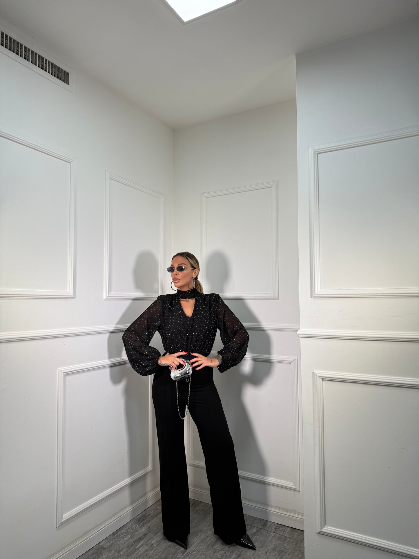 Jumpsuit a palazzo micro strass Shining nera 44561