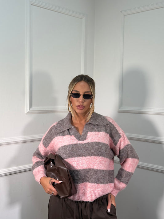 Pullover polo misto lana Macaron rosa 51170