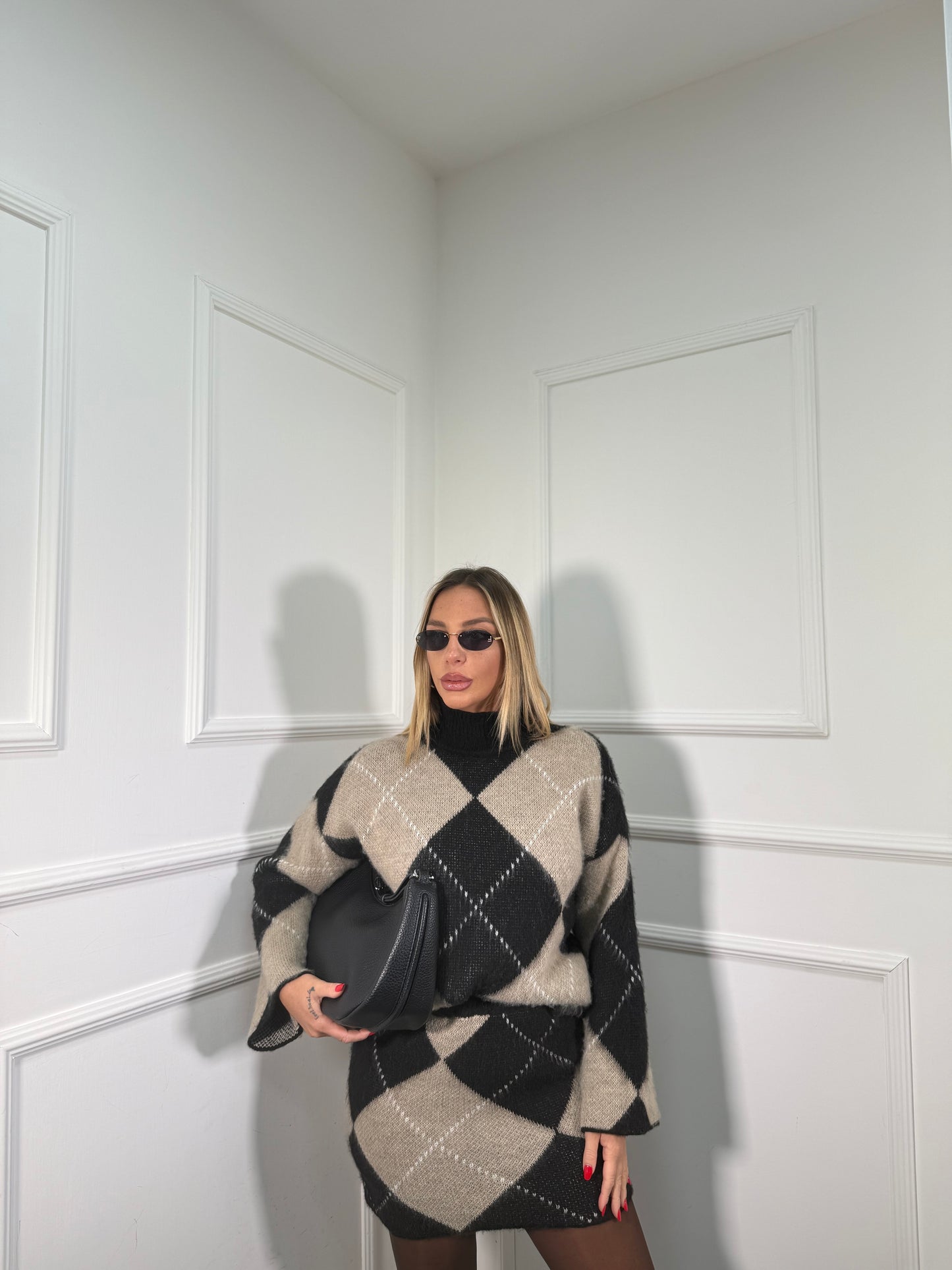 Coordinato rombi in lana cotta Joy nero/beige