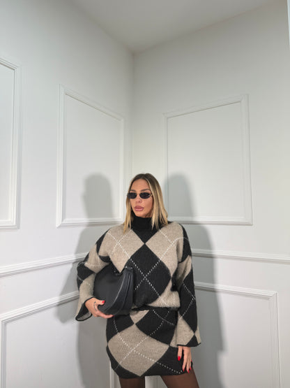 Coordinato rombi in lana cotta Joy nero/beige