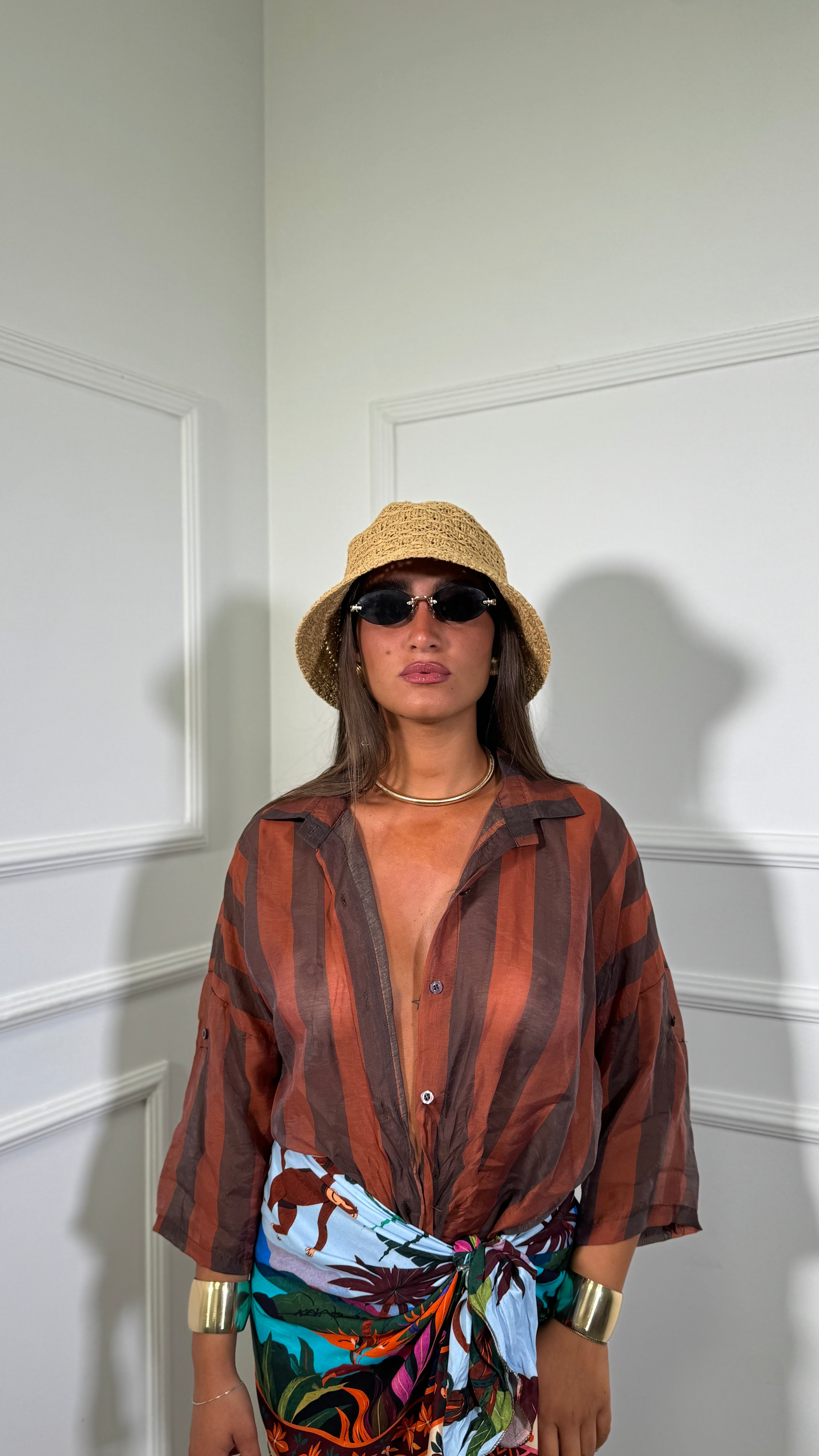 Camicia con colletto semi velata a righe Astrid ruggine/marrone in728712