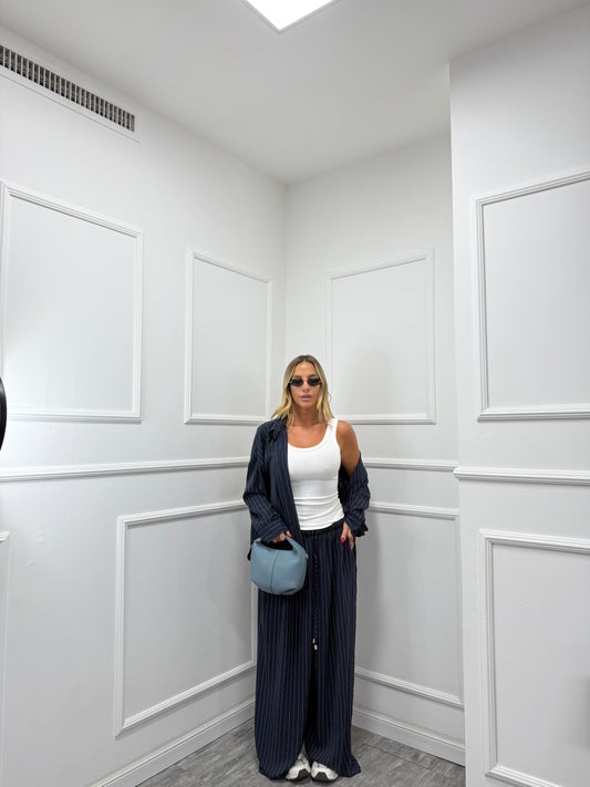 Coordinato gessato Office blu curvy 46/52 25061