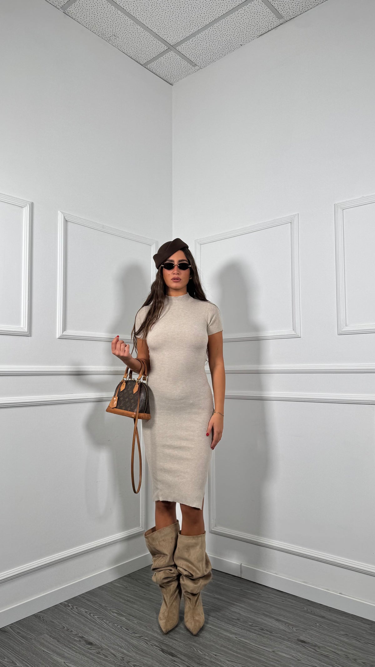 Abito midi lana rasata a costine beige zs1175