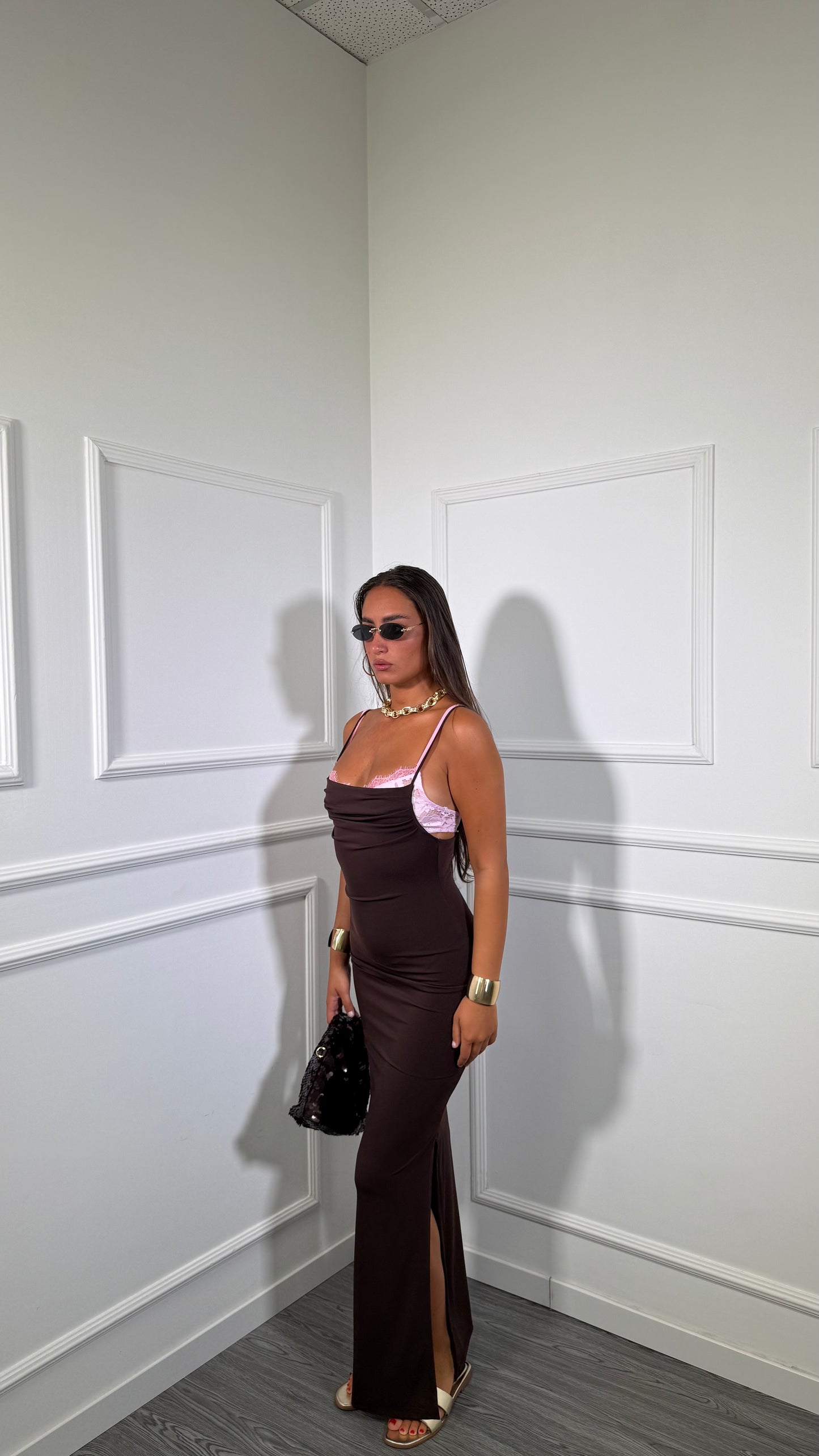 Abito lungo in lycra con bralette in pizzo cioccolato 6073