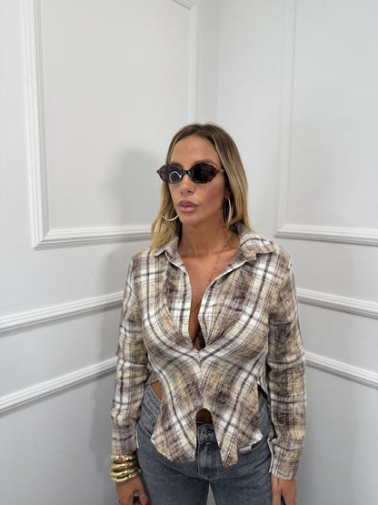 Camicia crop in flanella camel/panna c81158