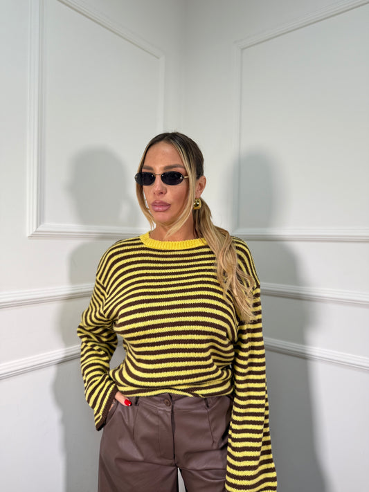 Pullover in maglia a righe manica campana cioccolato/giallo 025835