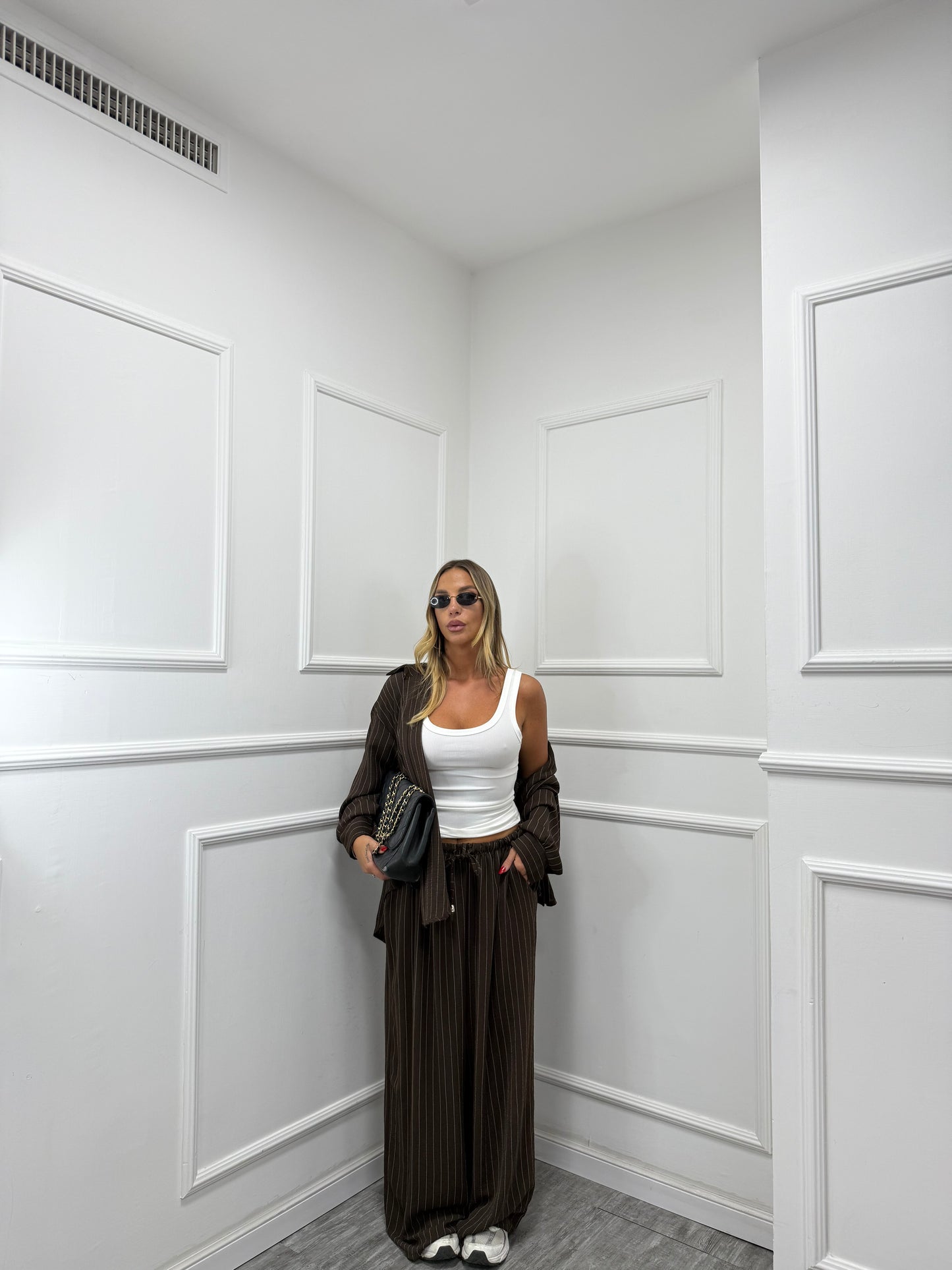 Coordinato gessato Office cioccolato curvy 46/52 25061