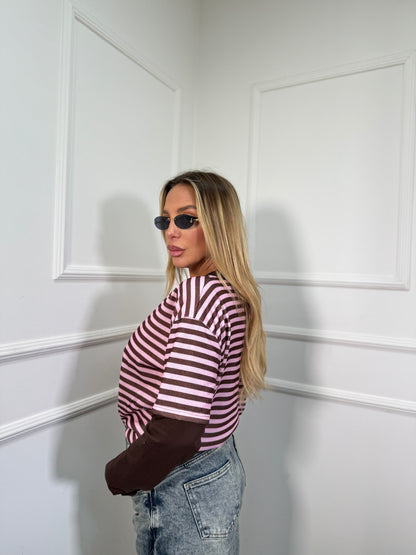 Shirt a righe con doppia manica Camy rosa/cacao 3626