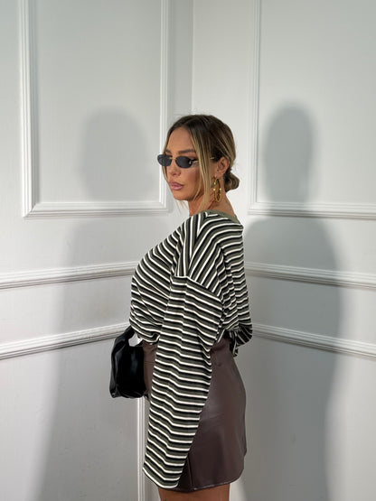 Shirt in cotone garzato manica campana Cindy verde/nero f1109