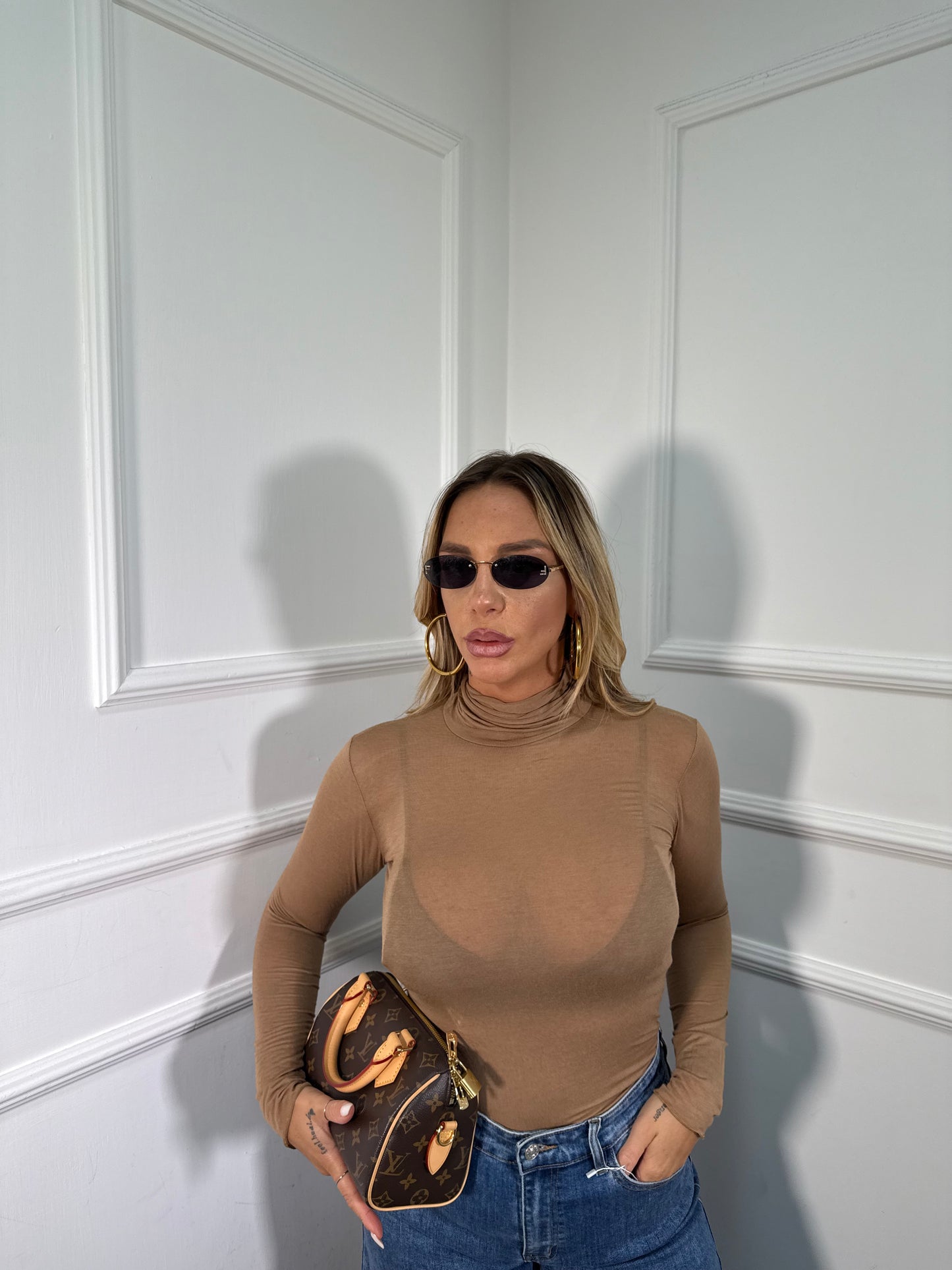 Shirt semi velata collo alto Jolly camel misto cashmere 28029