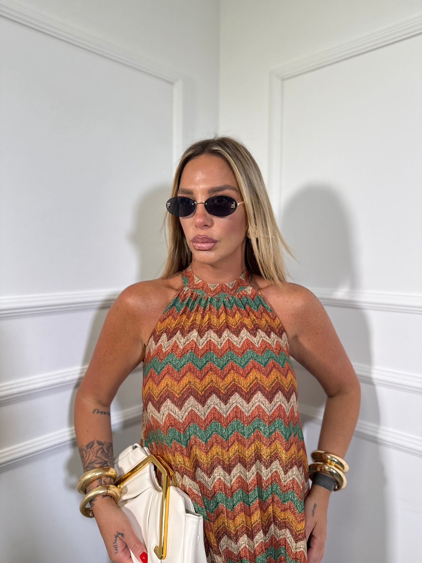 Abito midi in lurex zigzag Zanzibar arancio