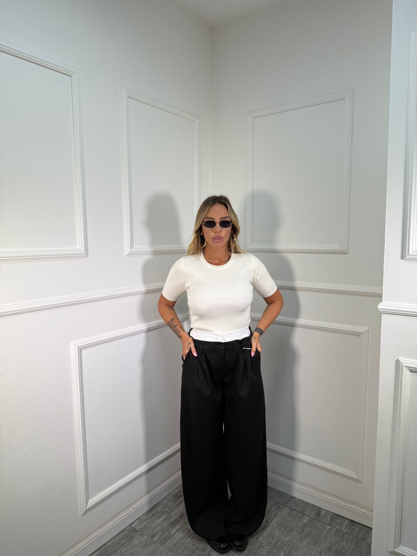 Pantaloni palazzo con doppio bustino elastico nero m12520