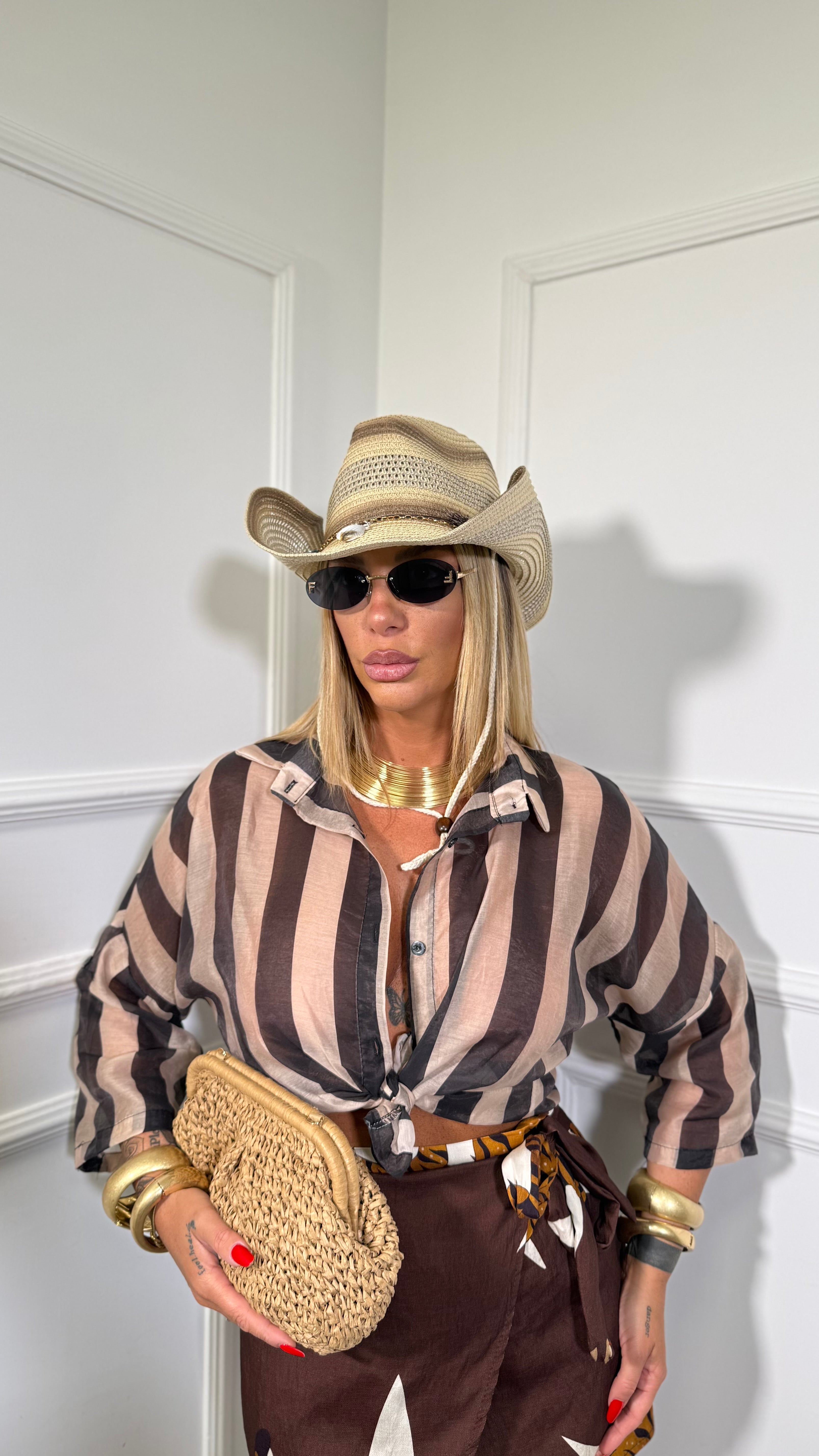 Camicia con colletto semi velata a righe Astrid beige/marrone in728712