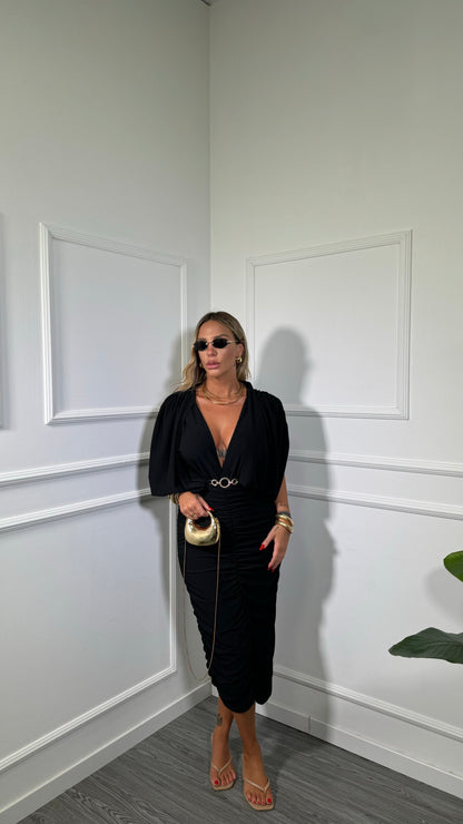 Abito midi drappeggiato (curvy) nero