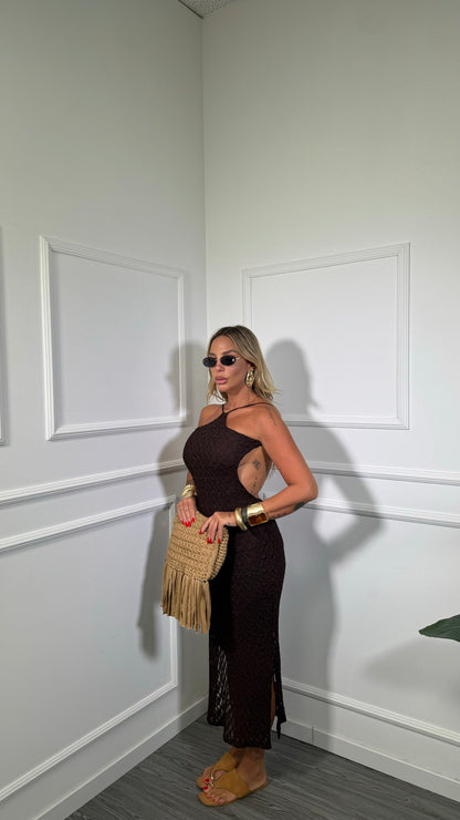 Abito midi in pizzo scollo sul retro cioccolato Mikla a3155