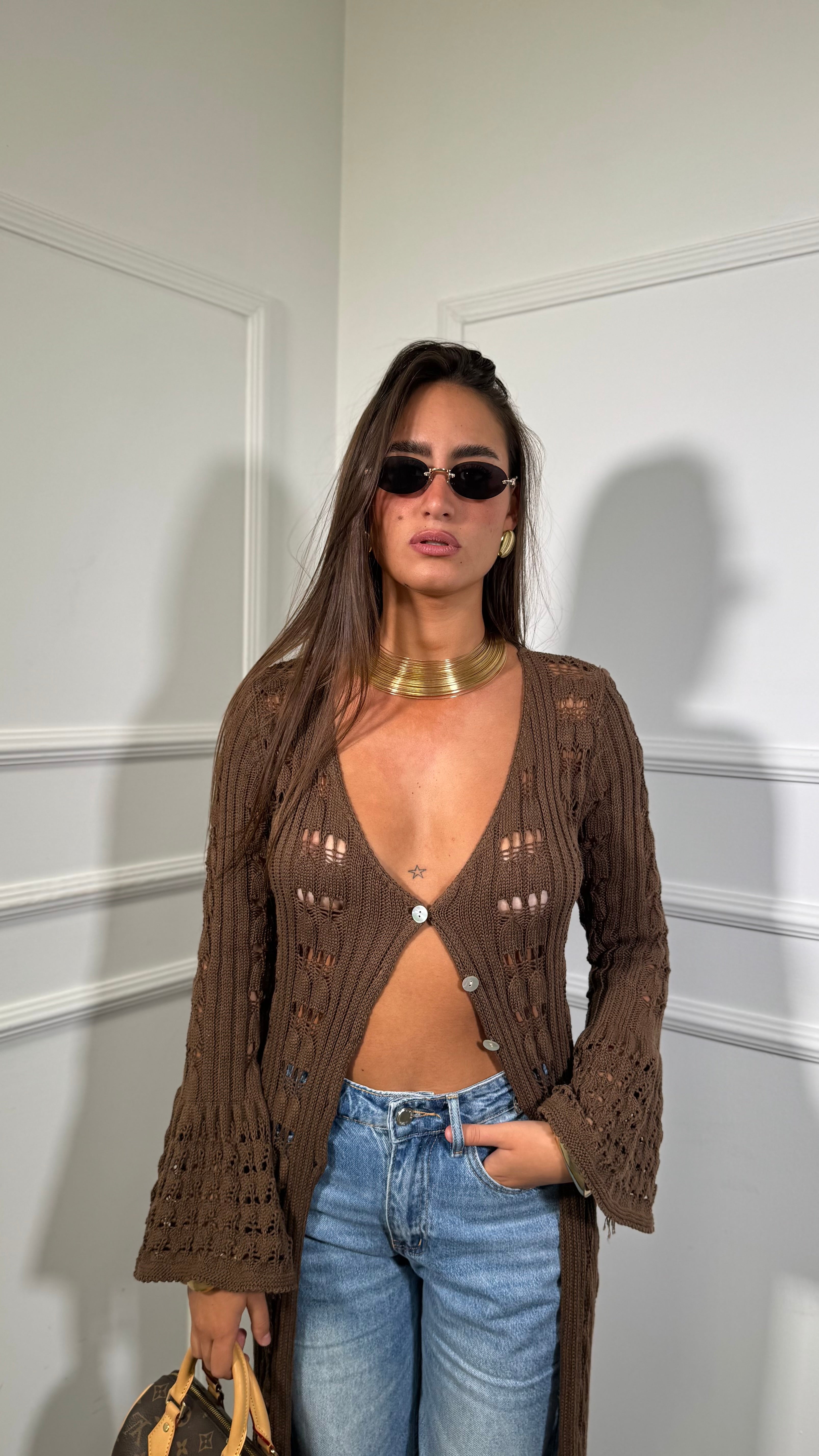 Maxi cardigan in filo Mykonos cioccolato 3676