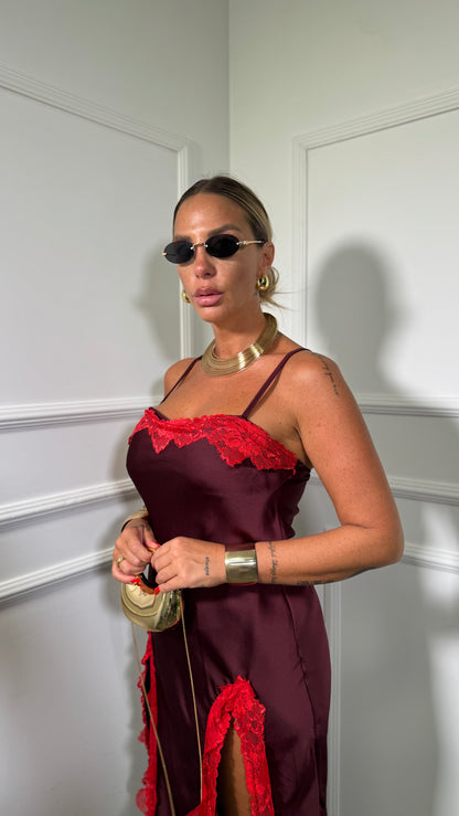 Abito lungo in satin con pizzo Conca vinaccia hp10238