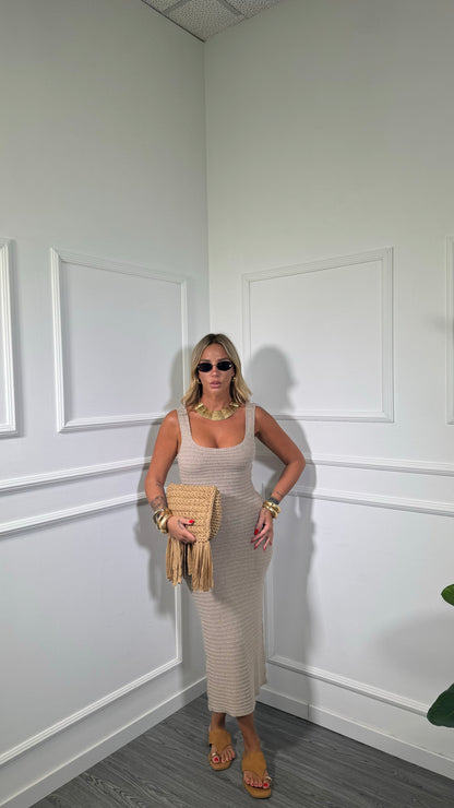 Abito midi in crochet scollo squadrato Dominique taupe