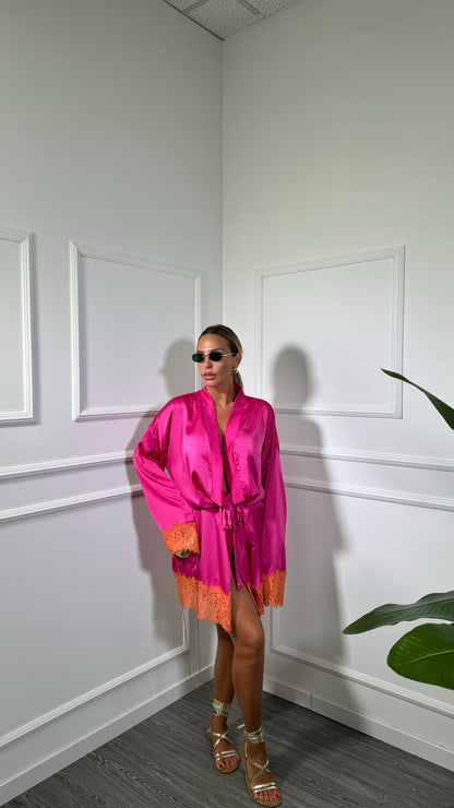 Kimono in satin e pizzo Kesya fucsia 1581