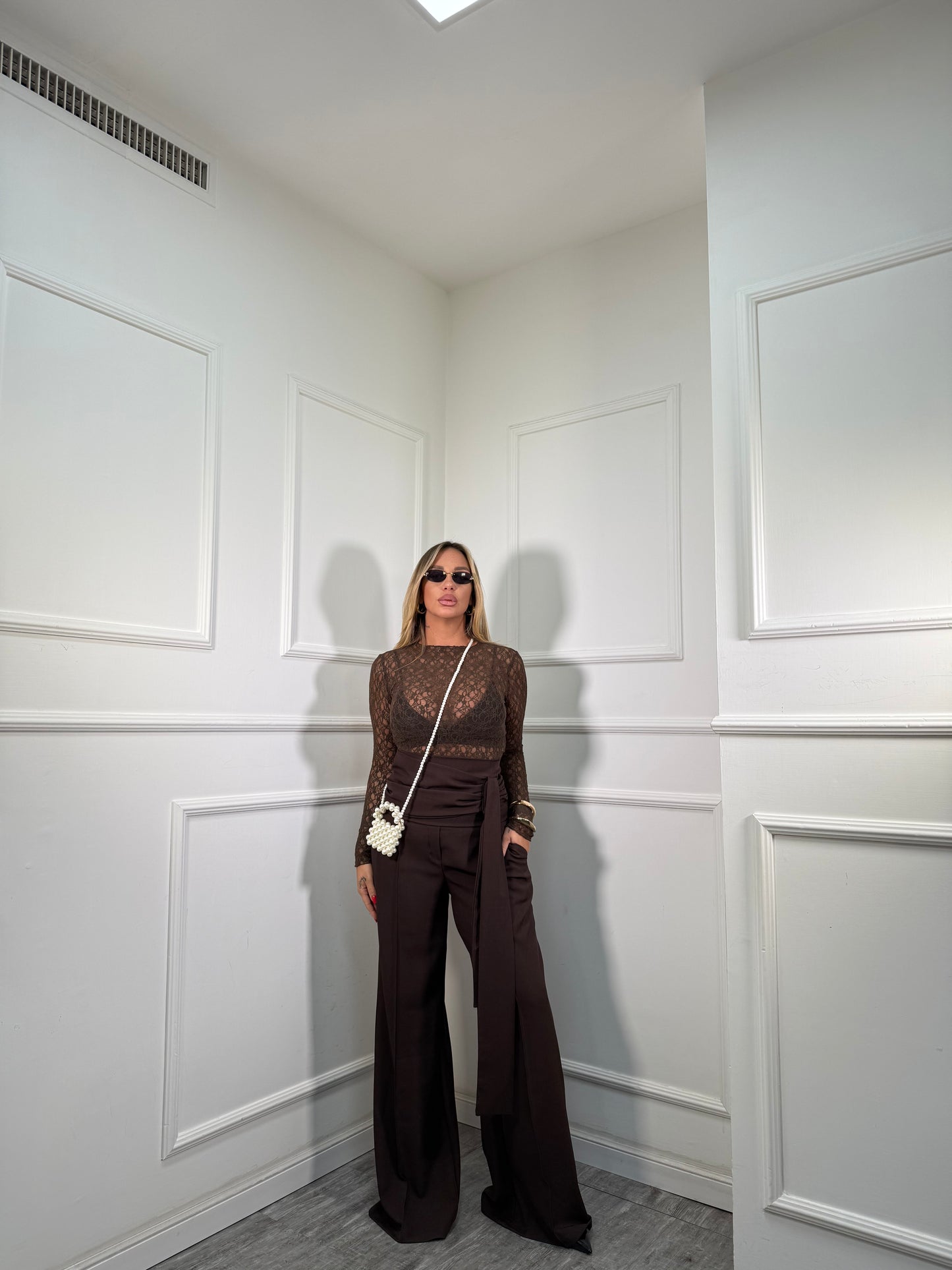 Pantaloni palazzo con fusciacca Karol cioccolato 16067