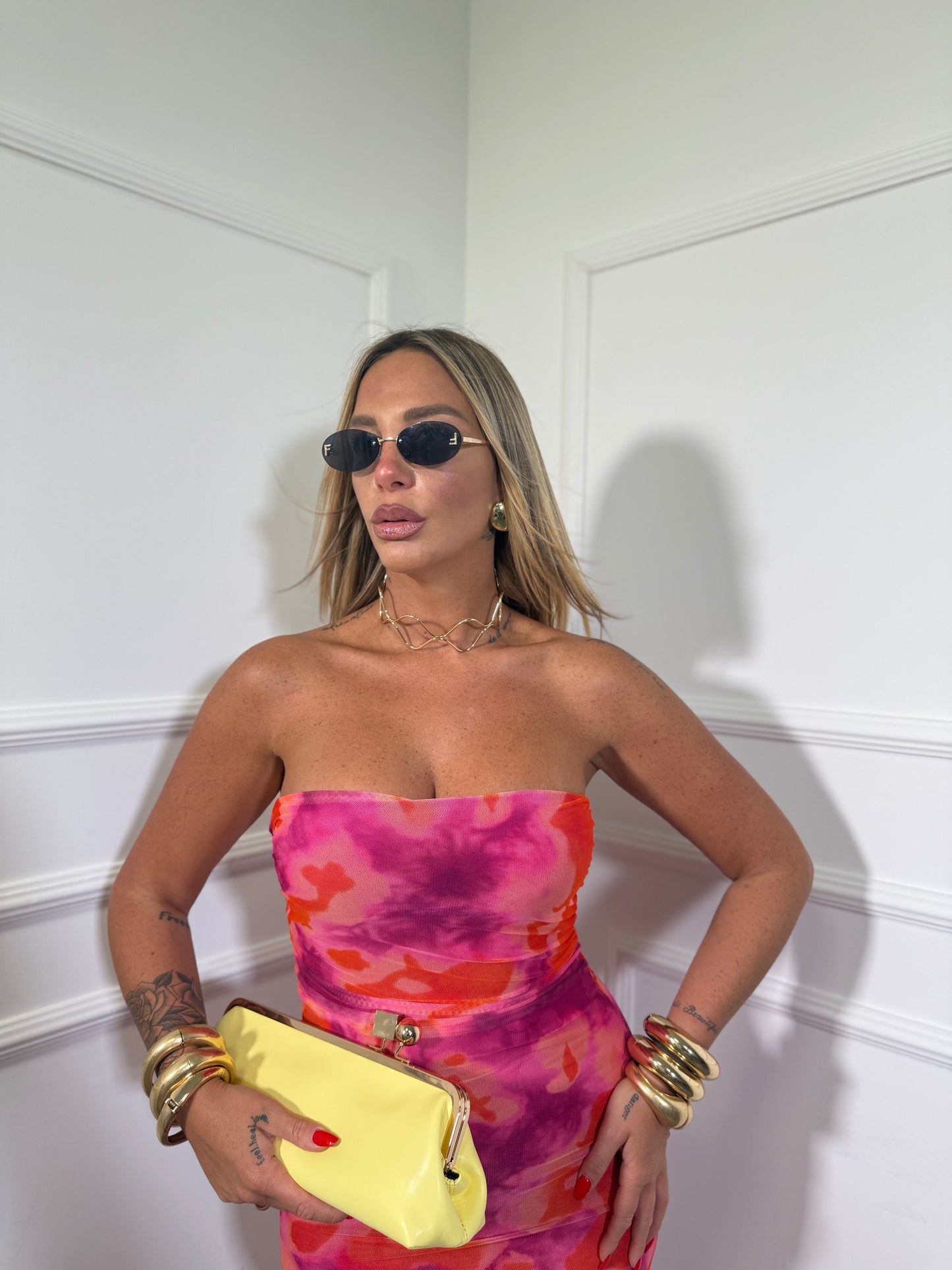Abito midi in chiffon Tie-Dye arancio/fucsia 27553