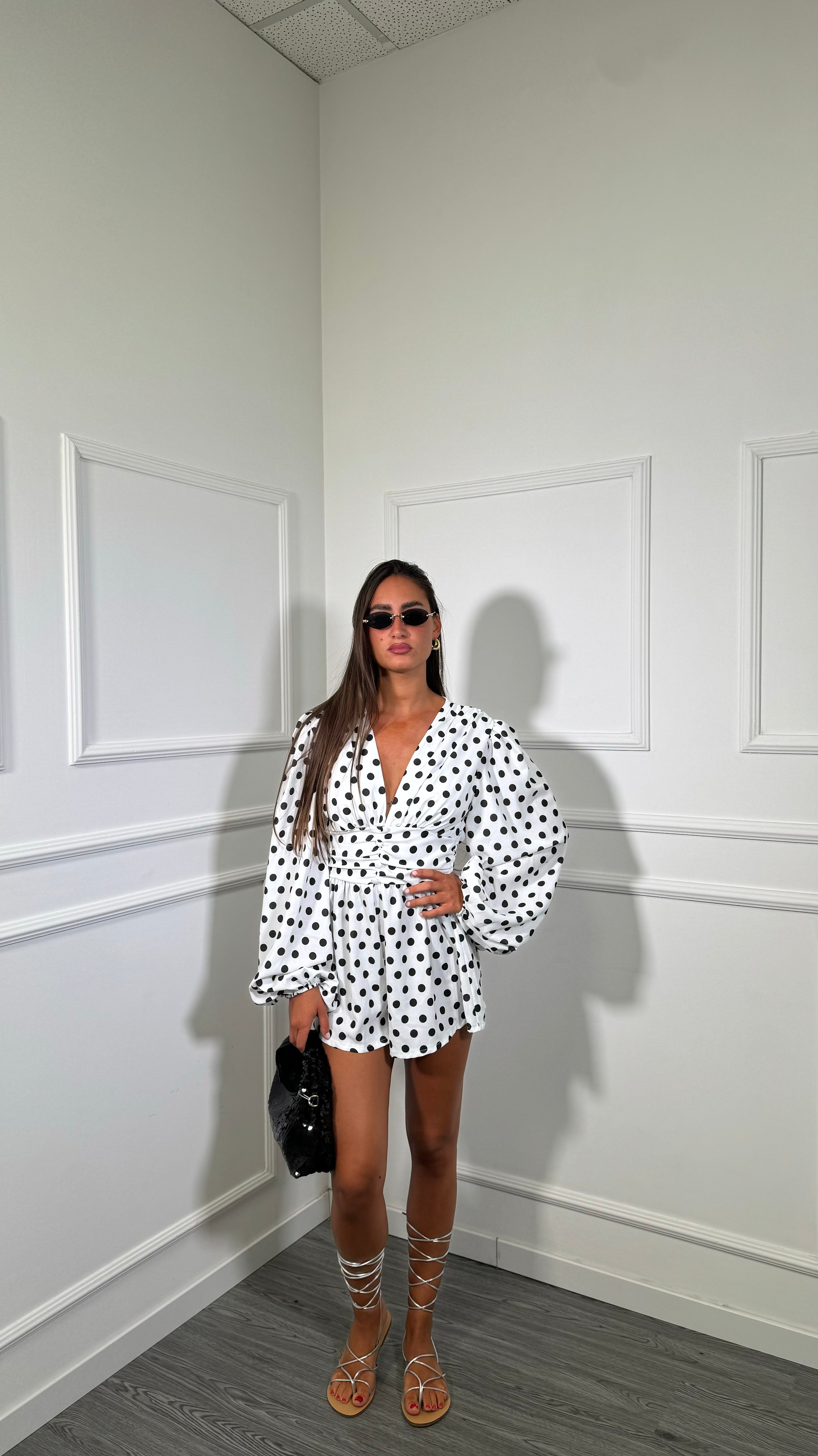 Jumpsuit a pois manica balloon Dafne bianca 80164